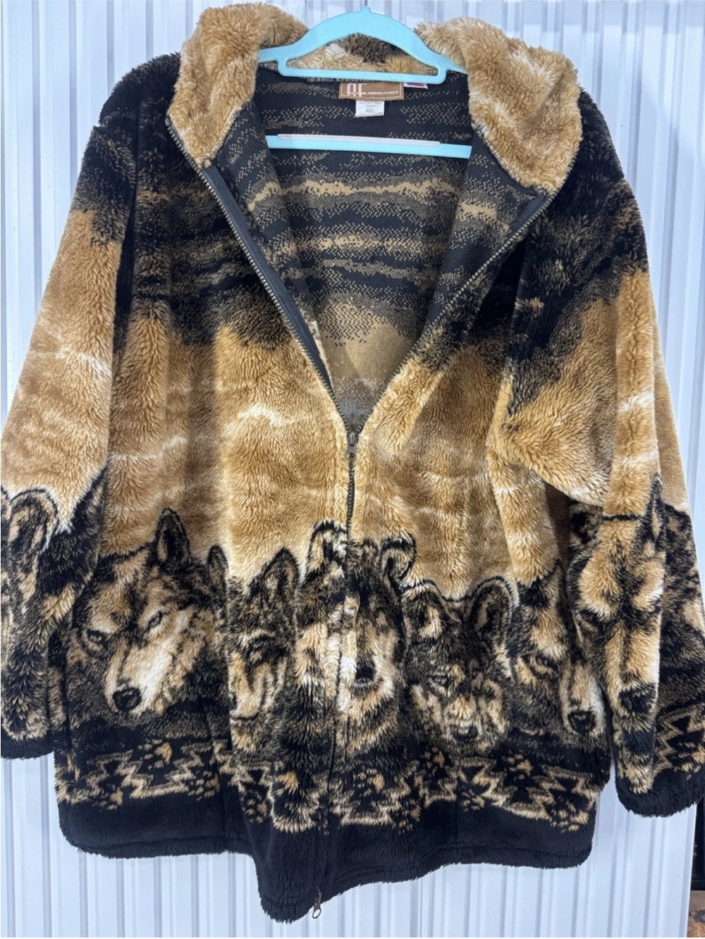Vintage Andrea Faye Mazmania XXL Wolf Fleece Jacket With Hood USA Cabincore